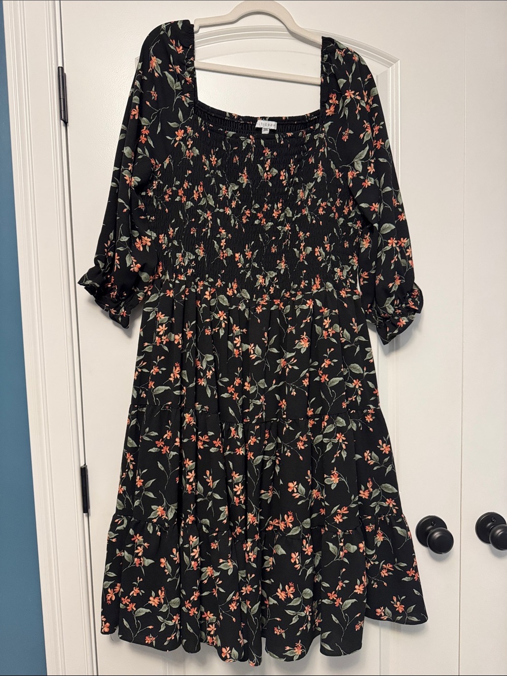 Black Floral Smocked Midi Dress - Women's